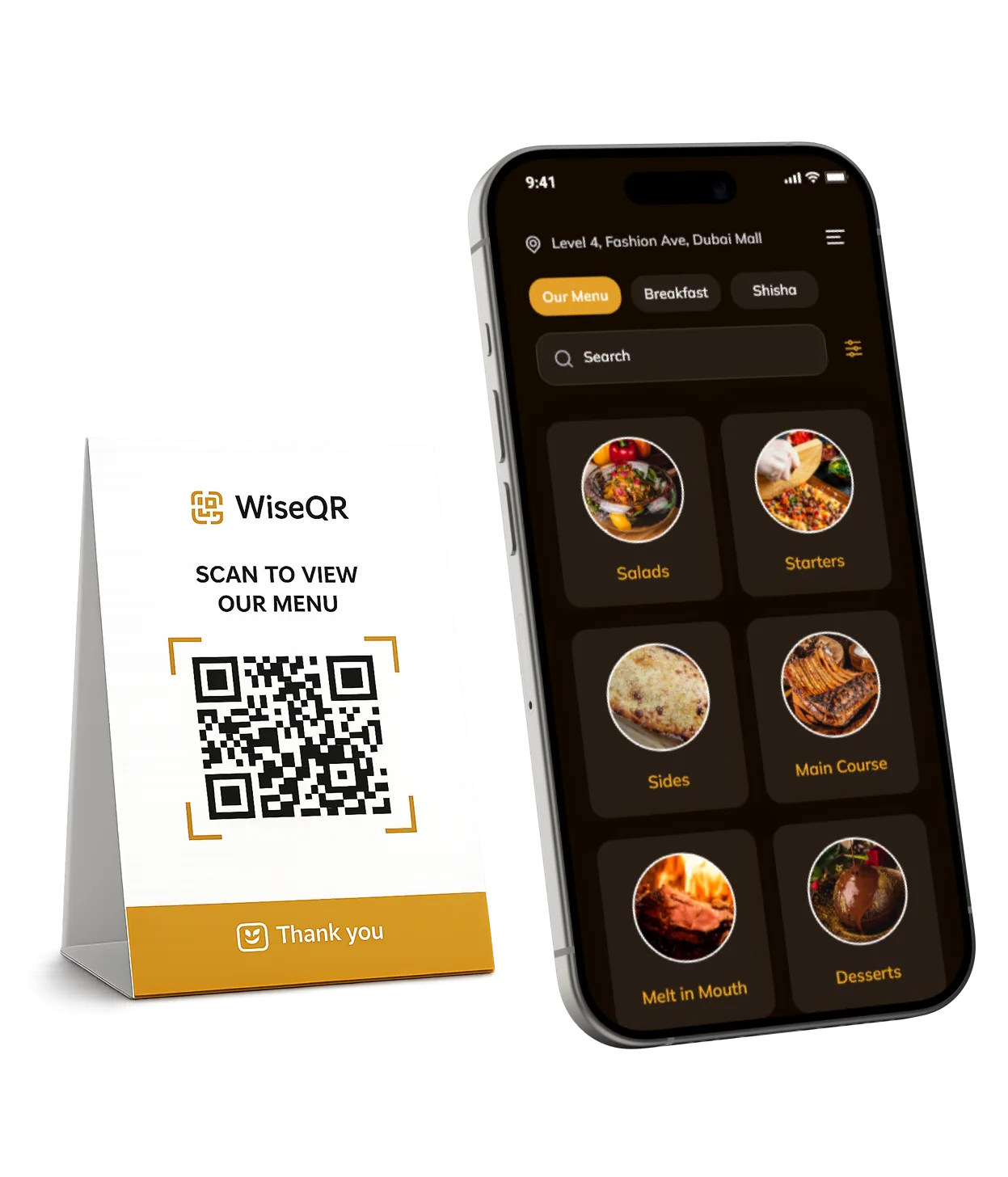 WiseQR phone and QR menu